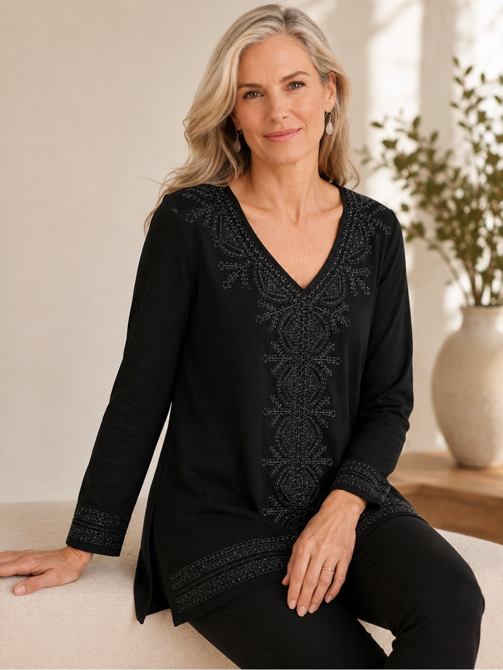 NWT J. Jill Black Metallic Embroidered Tunic Top Cotton Modal Medium Boho